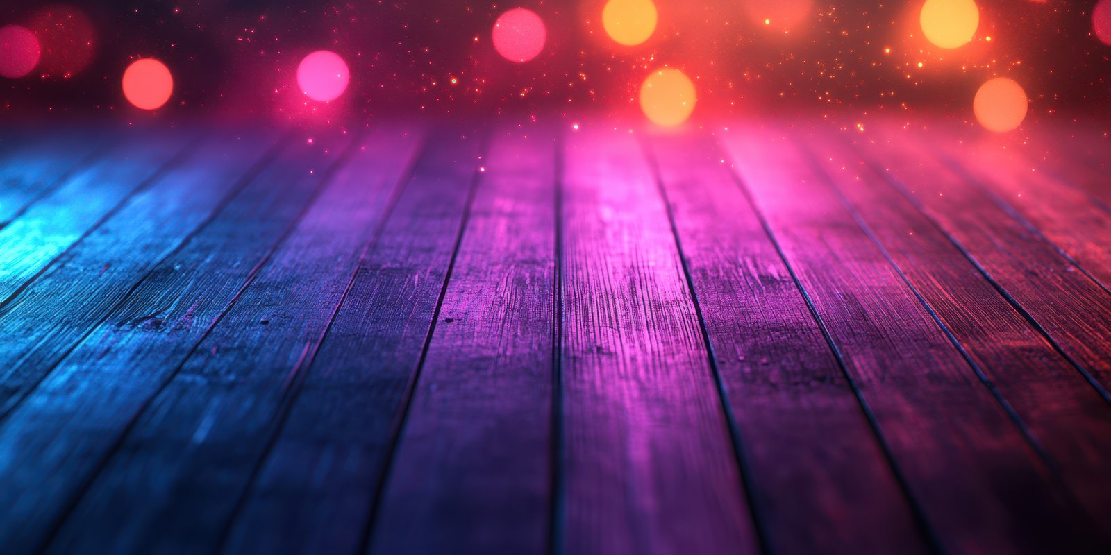 Colorful bokeh lights illuminate a rustic wooden floor during an evening gathering